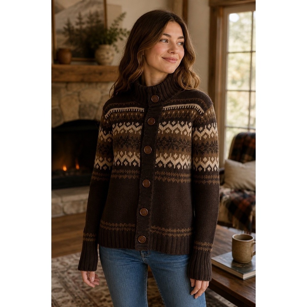 Fossil Cardigan Sweater Brown Fair Isle Button Up Cozy Size M